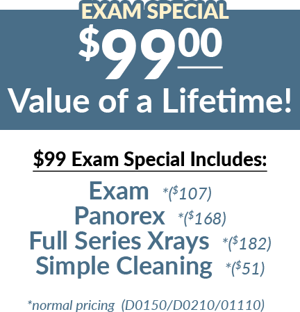 $99 Exam Including Xrays, Panorex and Cleaning